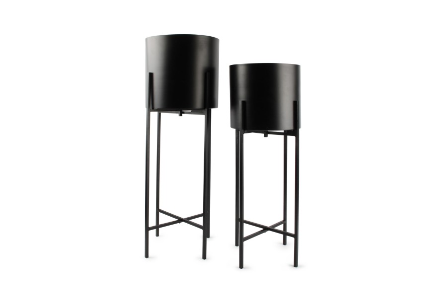 Home & Living Salt&Pepper | Plantpot On Stand Cylinder Mat Black Patio -Set/2